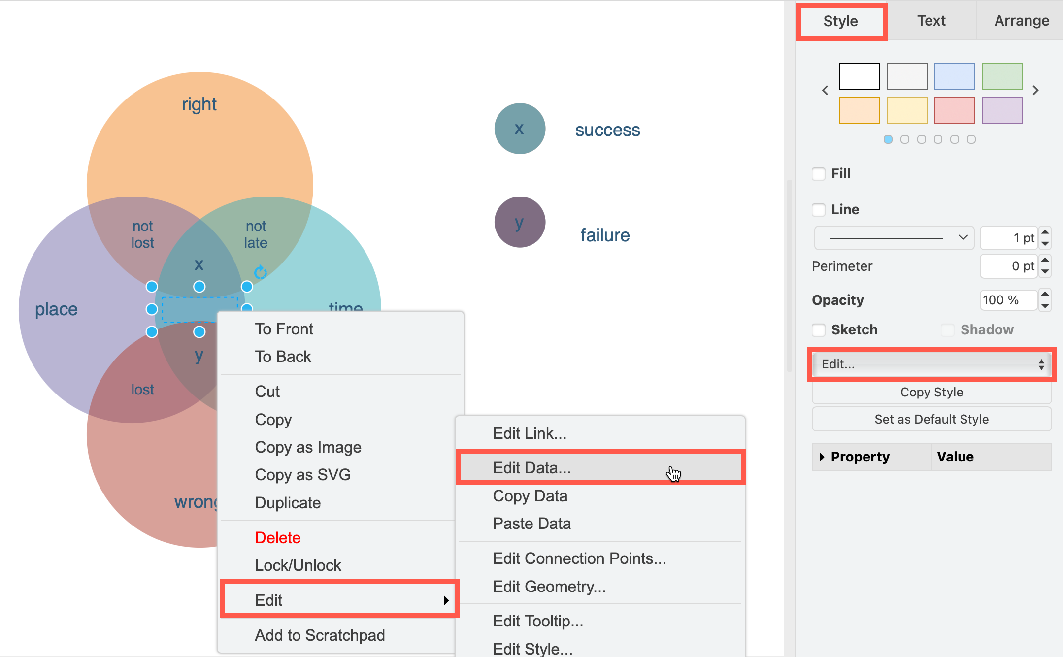 Right-click on a shape and select Edit data from the context menu, or click Edit > Edit Data in the Style tab in the format panel