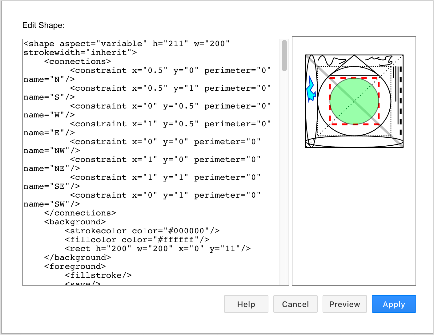 A complex custom shape and its code, created in draw.io