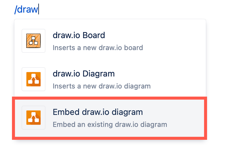 Type /draw, then select the Embed draw.io diagram macro