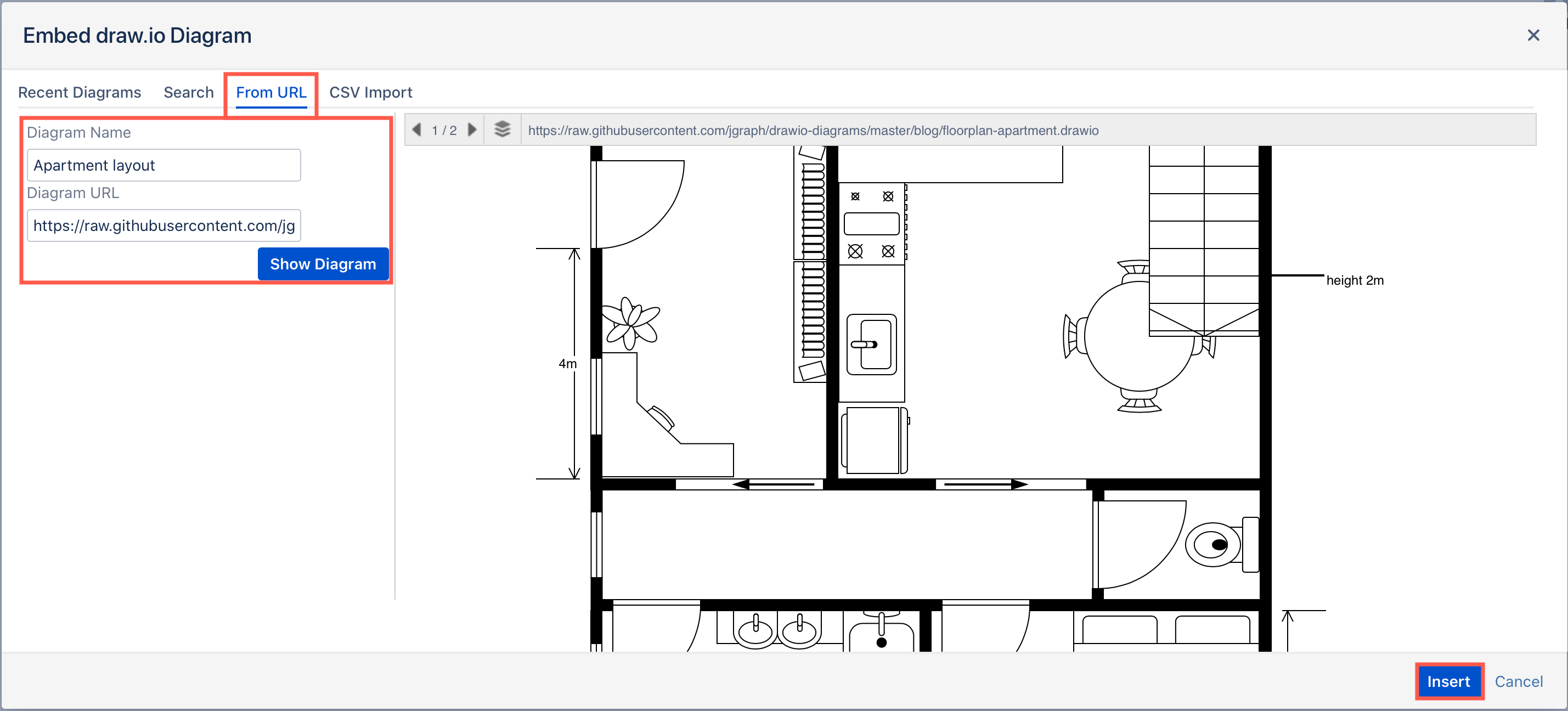 Add a diagram name, its public URL, then insert it into your Confluence page