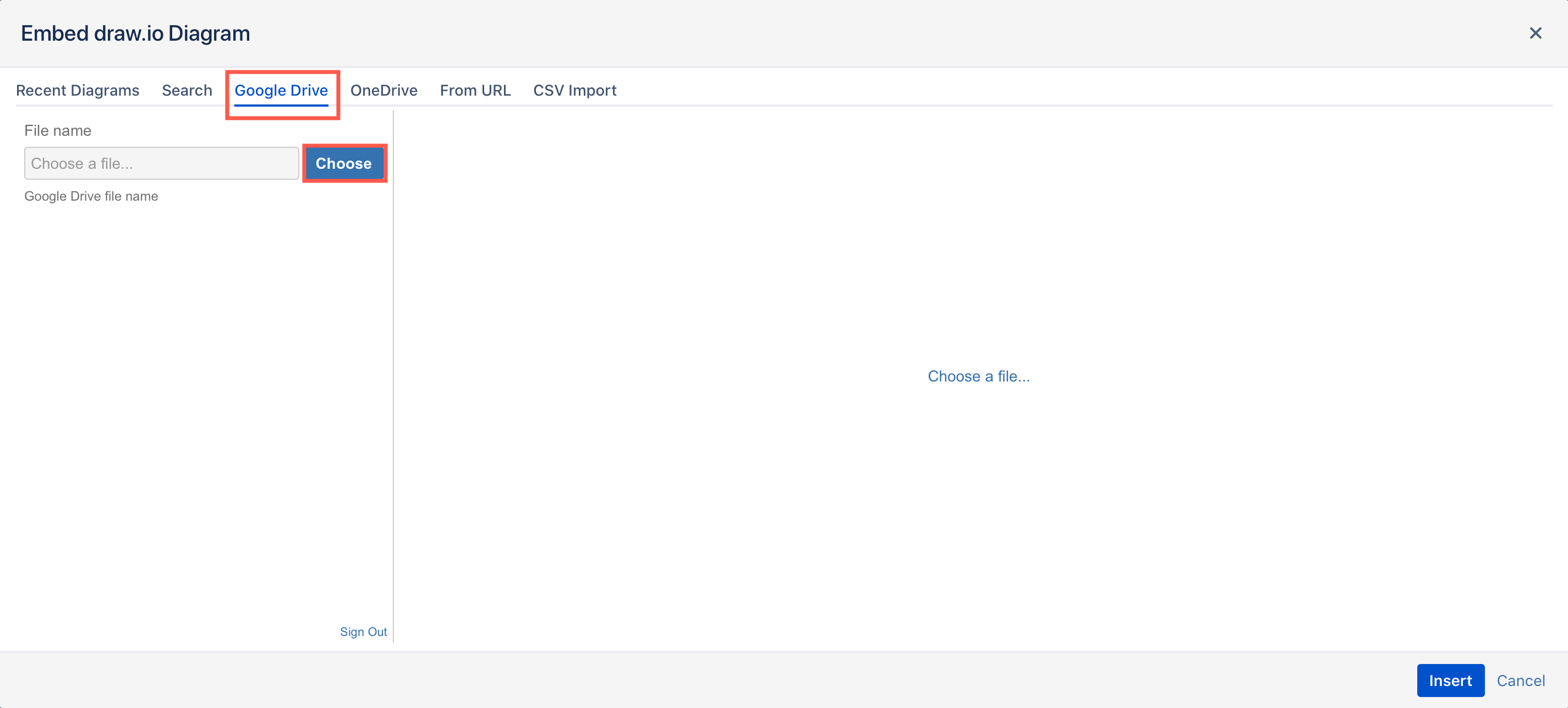 Click Choose to look for the .drawio diagram file in your Google Drive