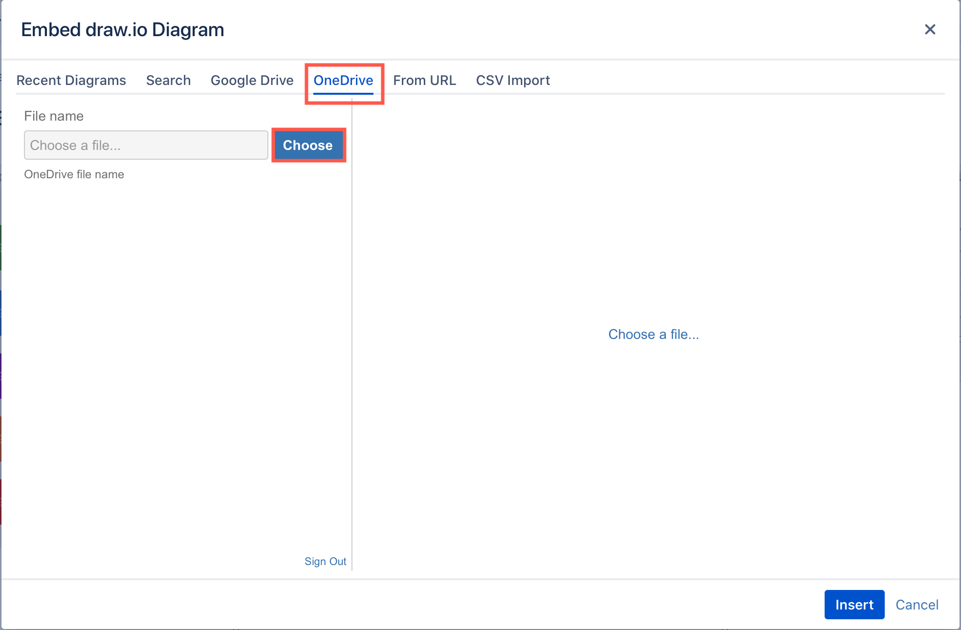 Click Choose to look for the .drawio diagram file in your Microsoft OneDrive