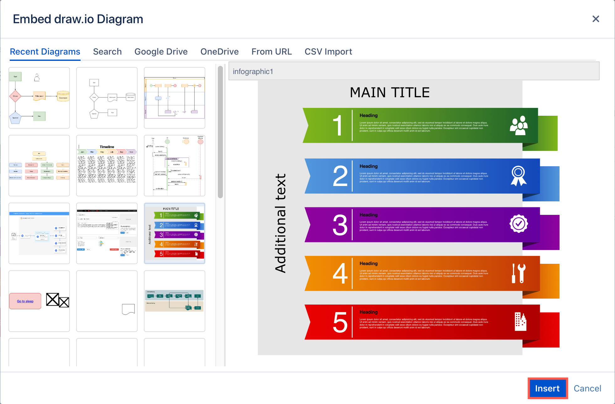 Select a recently edited diagram and insert it into your Confluence page