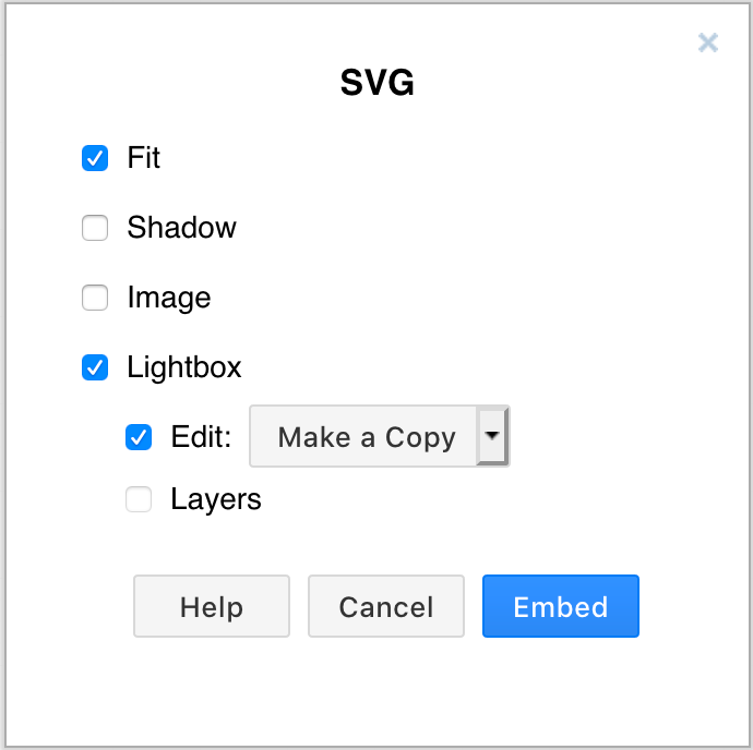 Options available when you export your diagram to embeddable SVG markup