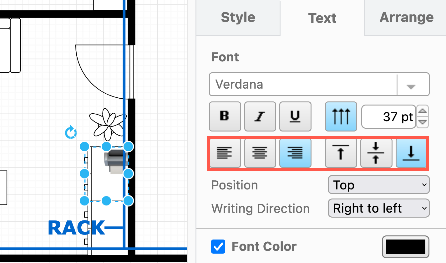 Use the Text tab in the format panel to change the size, position, alignment and direction of emoji labels