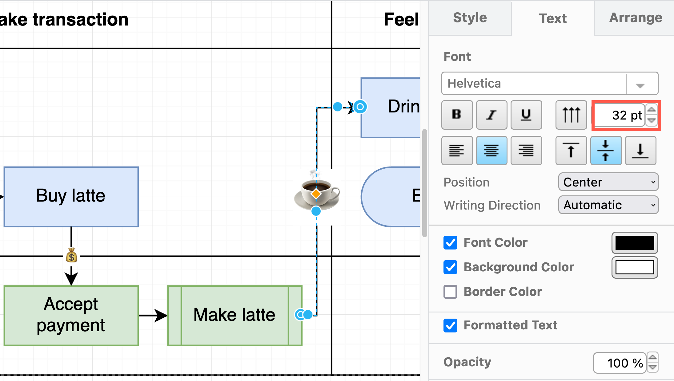 Resize an emoji shape label using the Text tab of the format panel