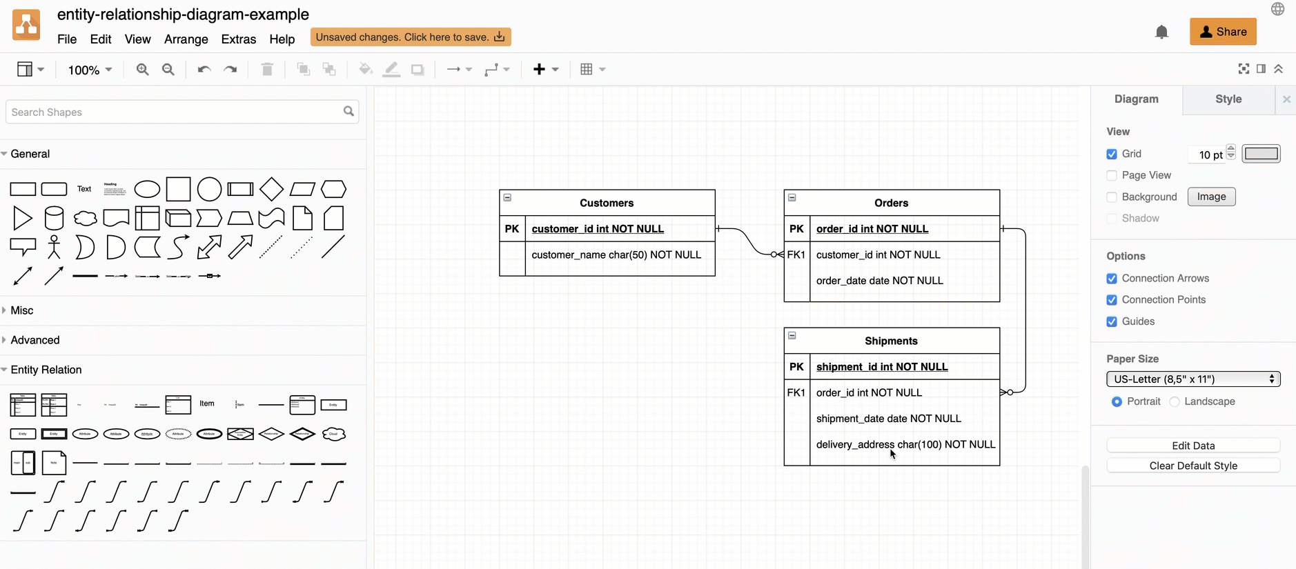 Combine entity tables and delete rows in an ER model in draw.io