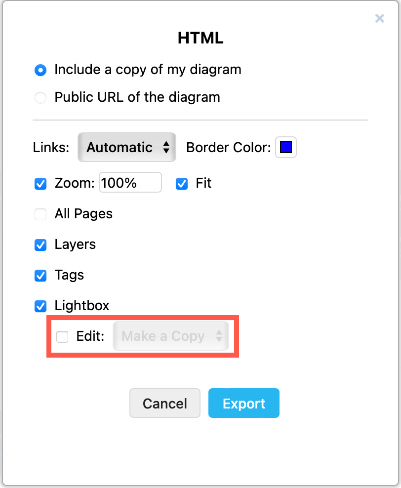 Export a diagram as view only from draw.io when exporting to PNG, SVG, HTML, URL or PDF