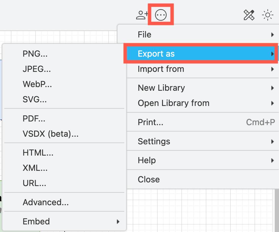Select Export As then choose the file format you want to export your diagram to