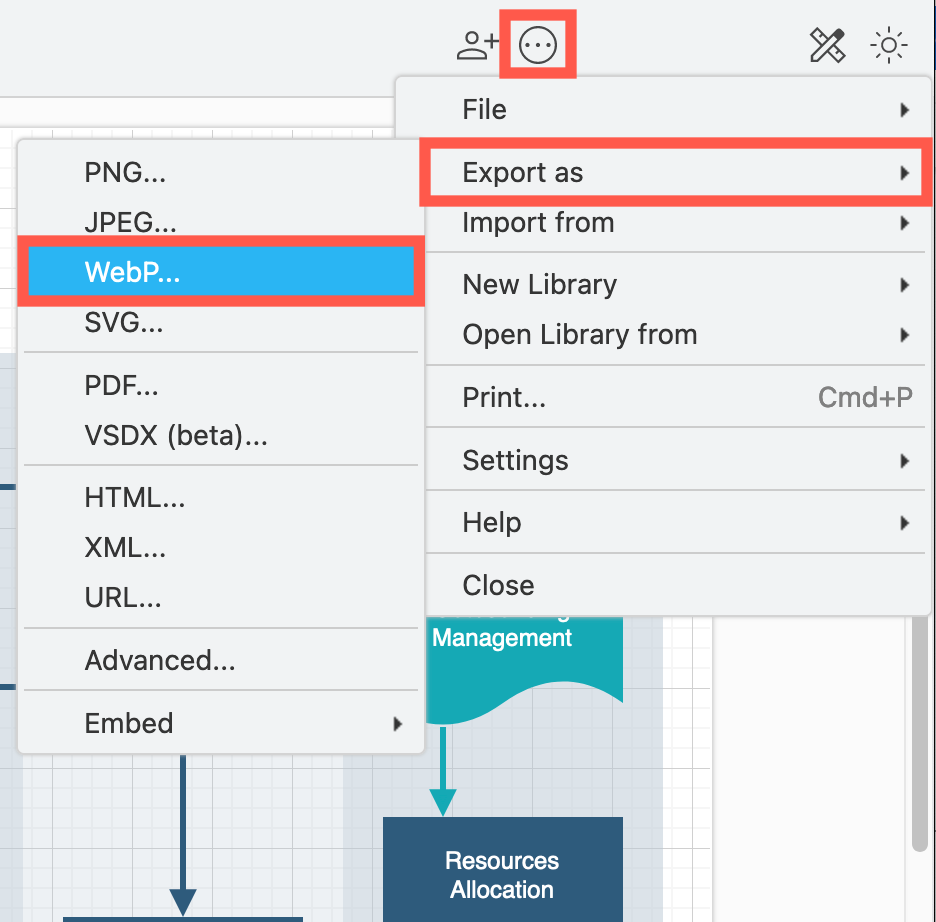 Select File > Export As > WebP to export your diagram to a WebP image 