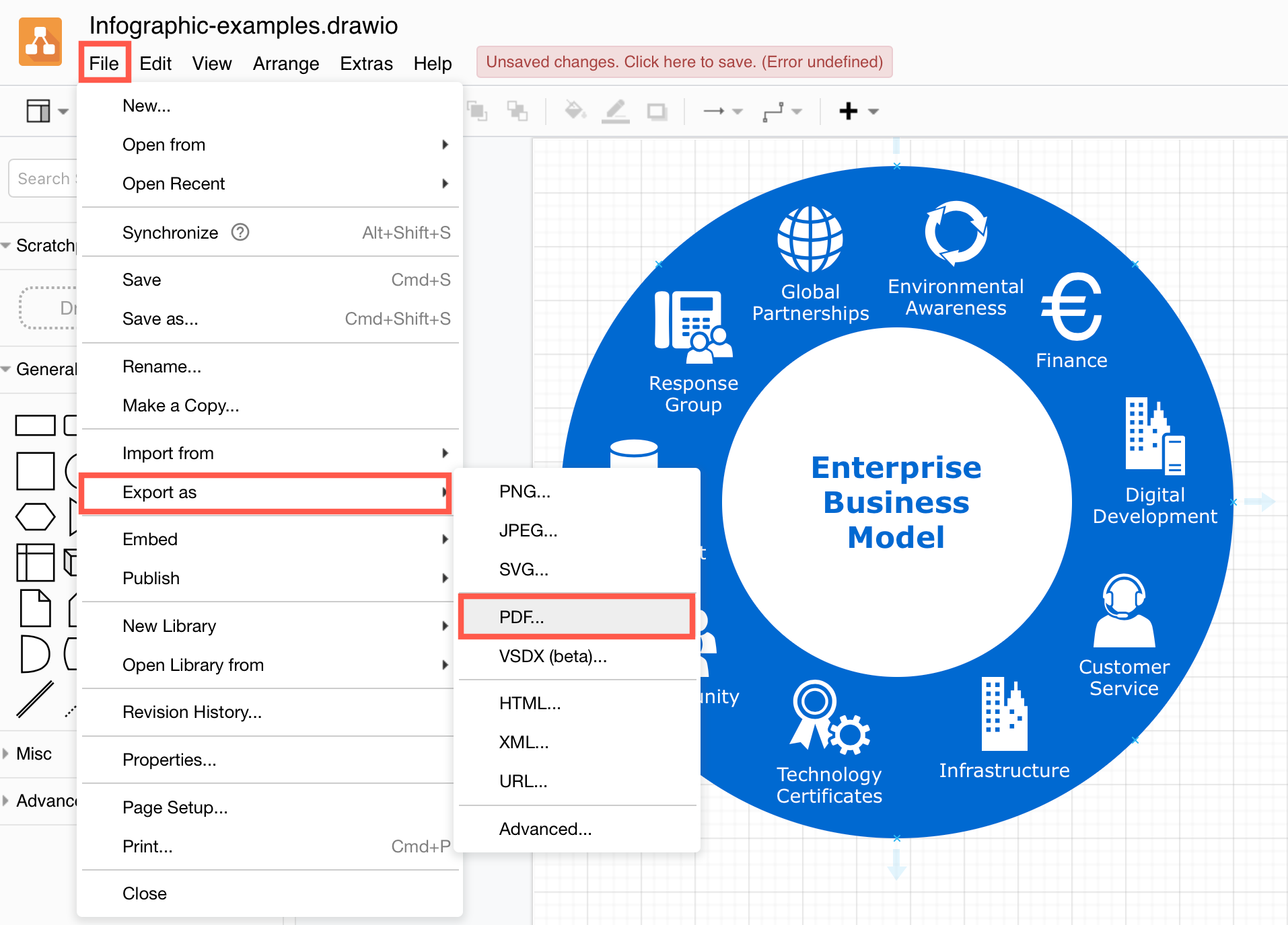 Export a diagram to PDF from draw.io