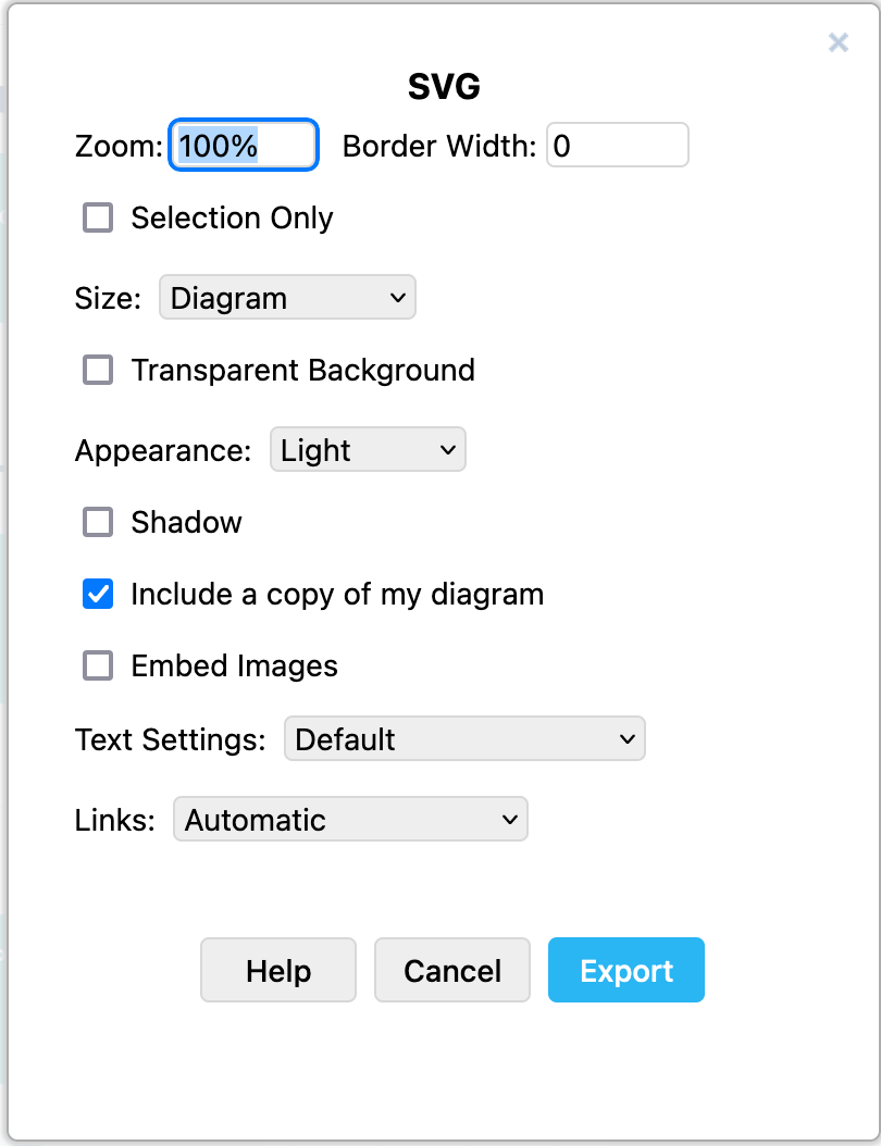 draw.io options when exporting a diagram as an SVG image