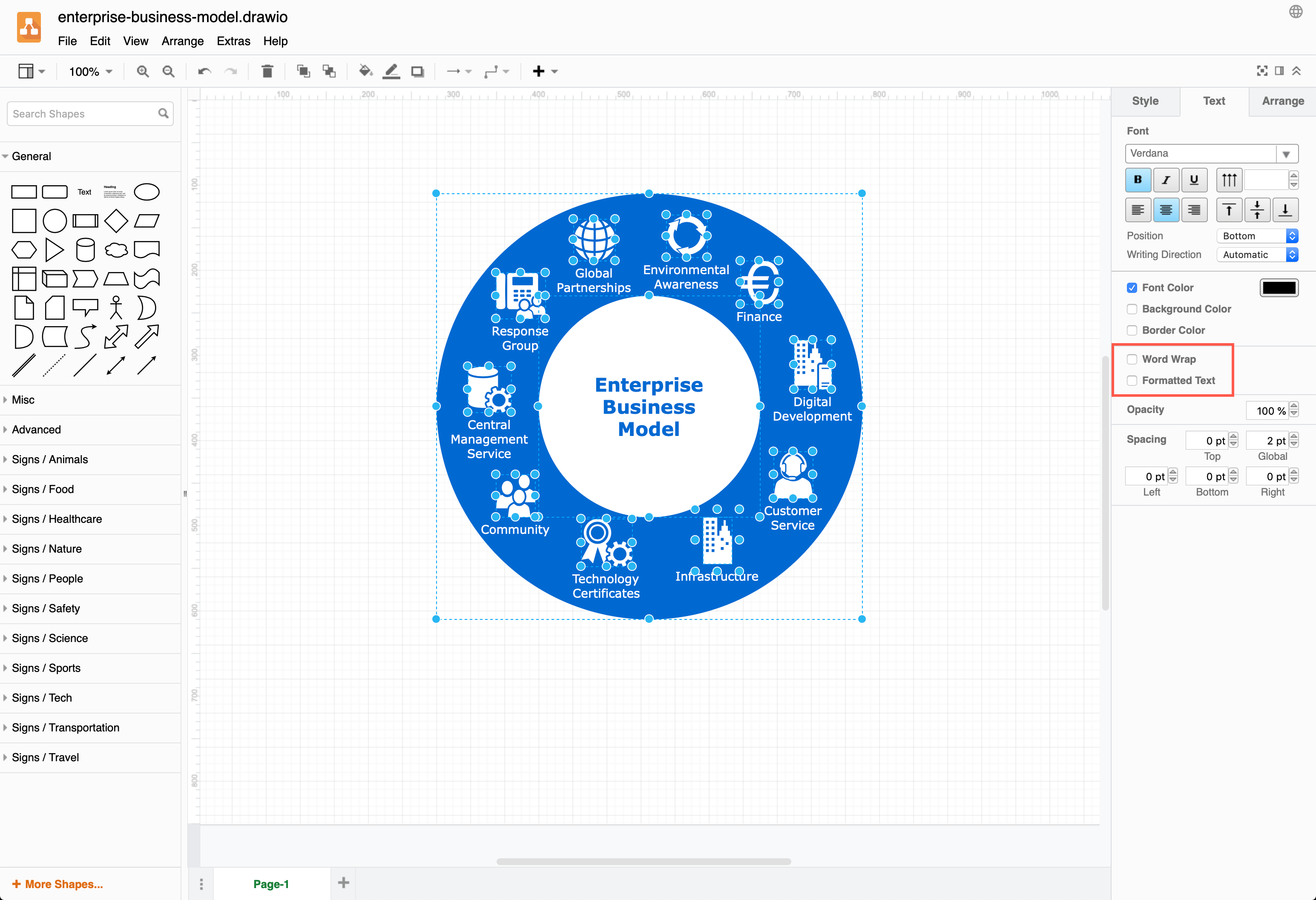 Prepare your diagram for exporting to SVG in draw.io by disabling word wrap and text formatting