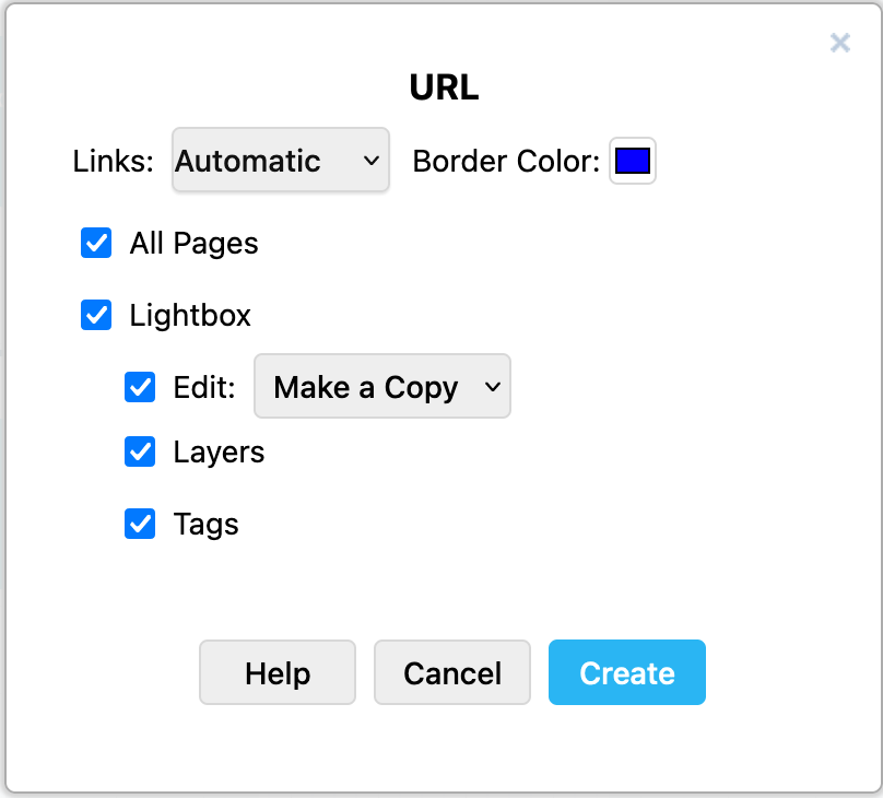 Select the export options to export a diagram to a URL