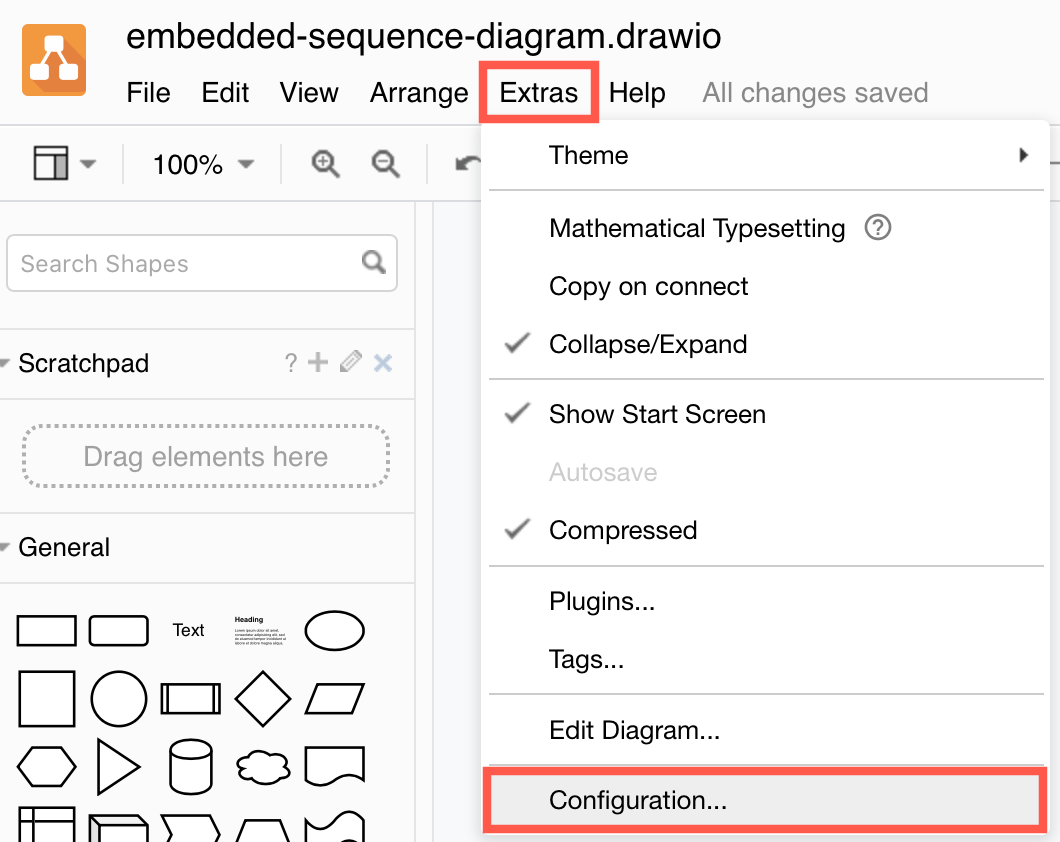 Access the draw.io configuration via Extras > Configuration