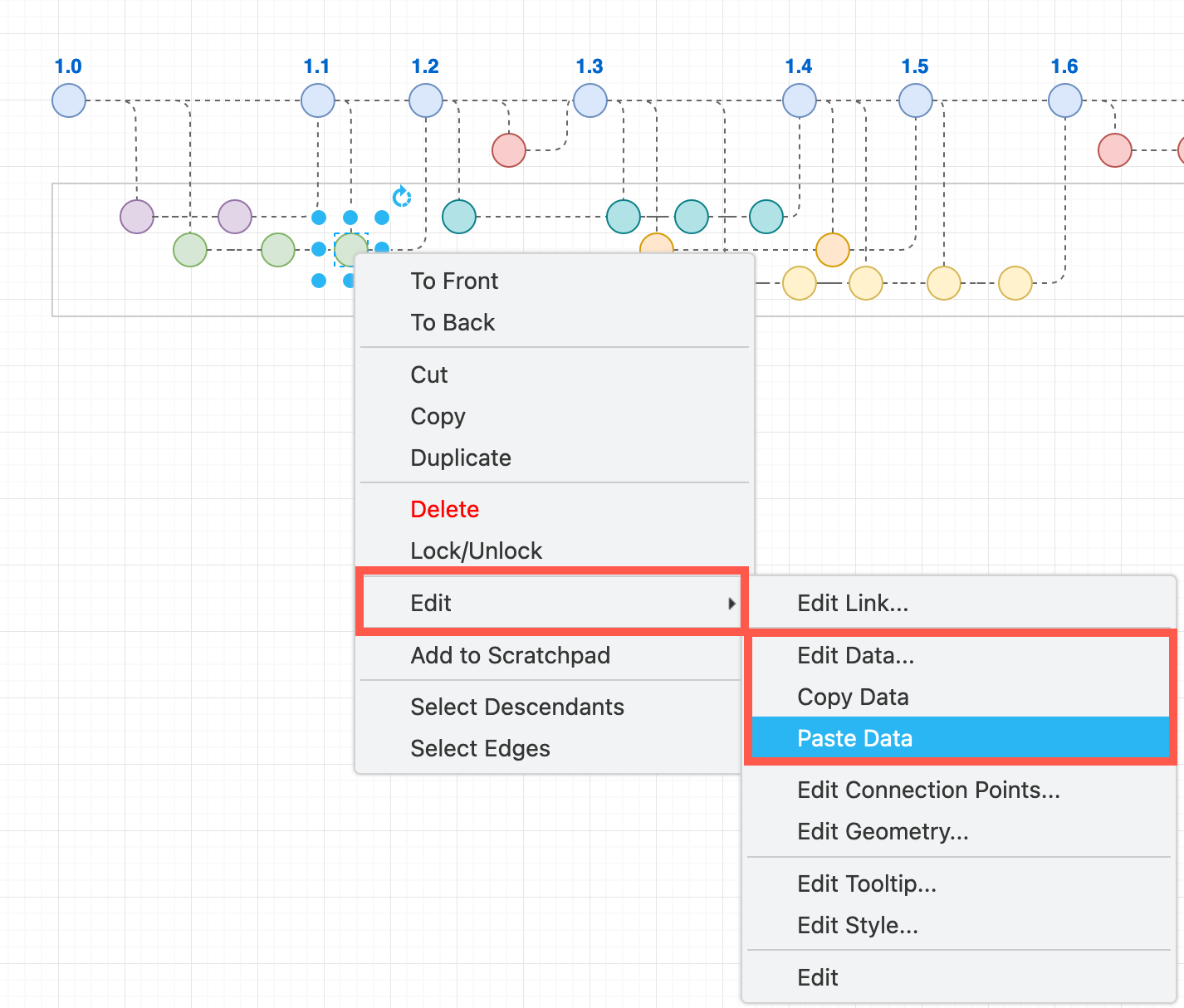 Copy and paste tags on shapes via the right-click context menu in draw.io