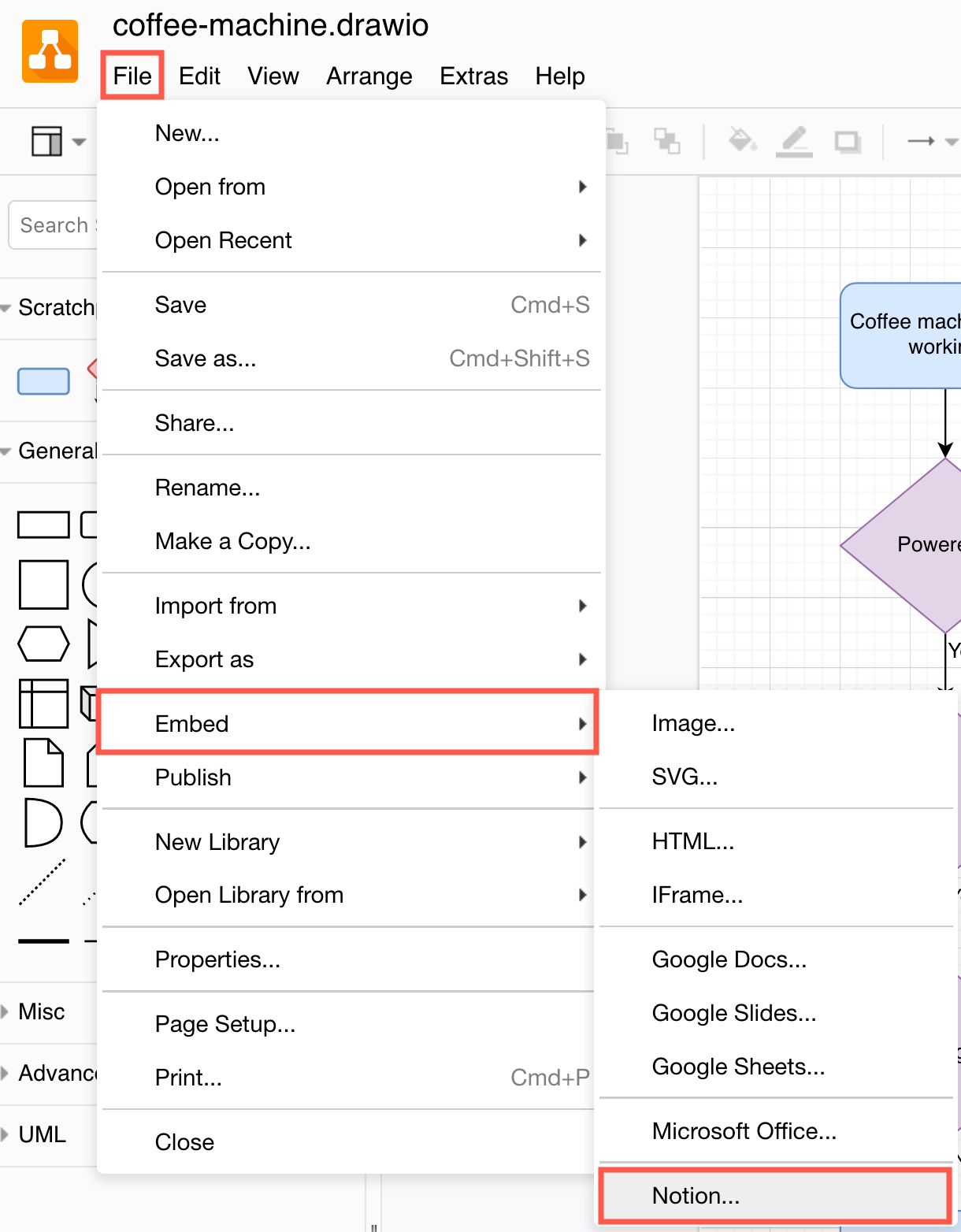 Click File > Embed > Notion to generate the embed code for embedding a diagram in Notion