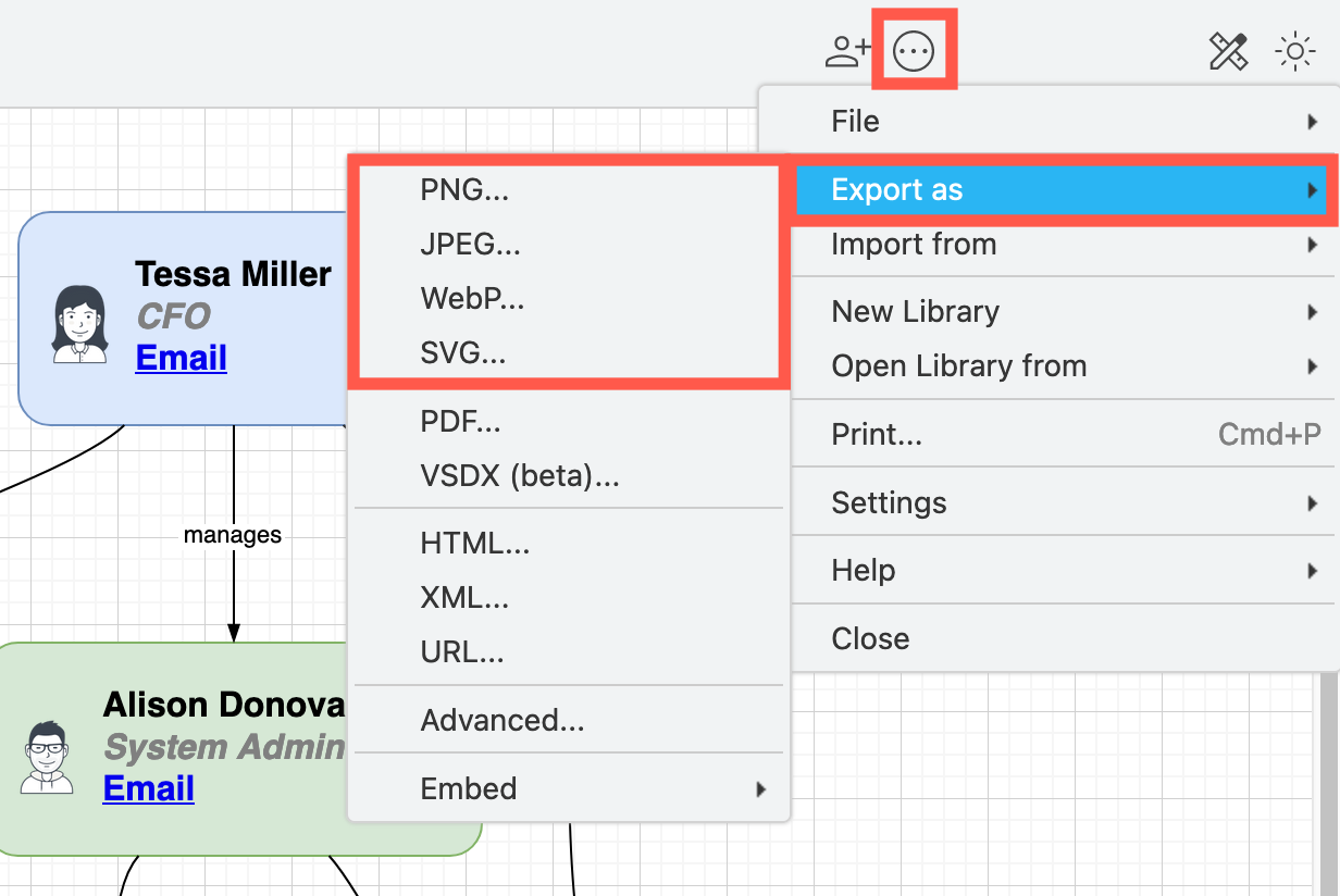 Select File > Export then choose the image format you want to export your diagram to