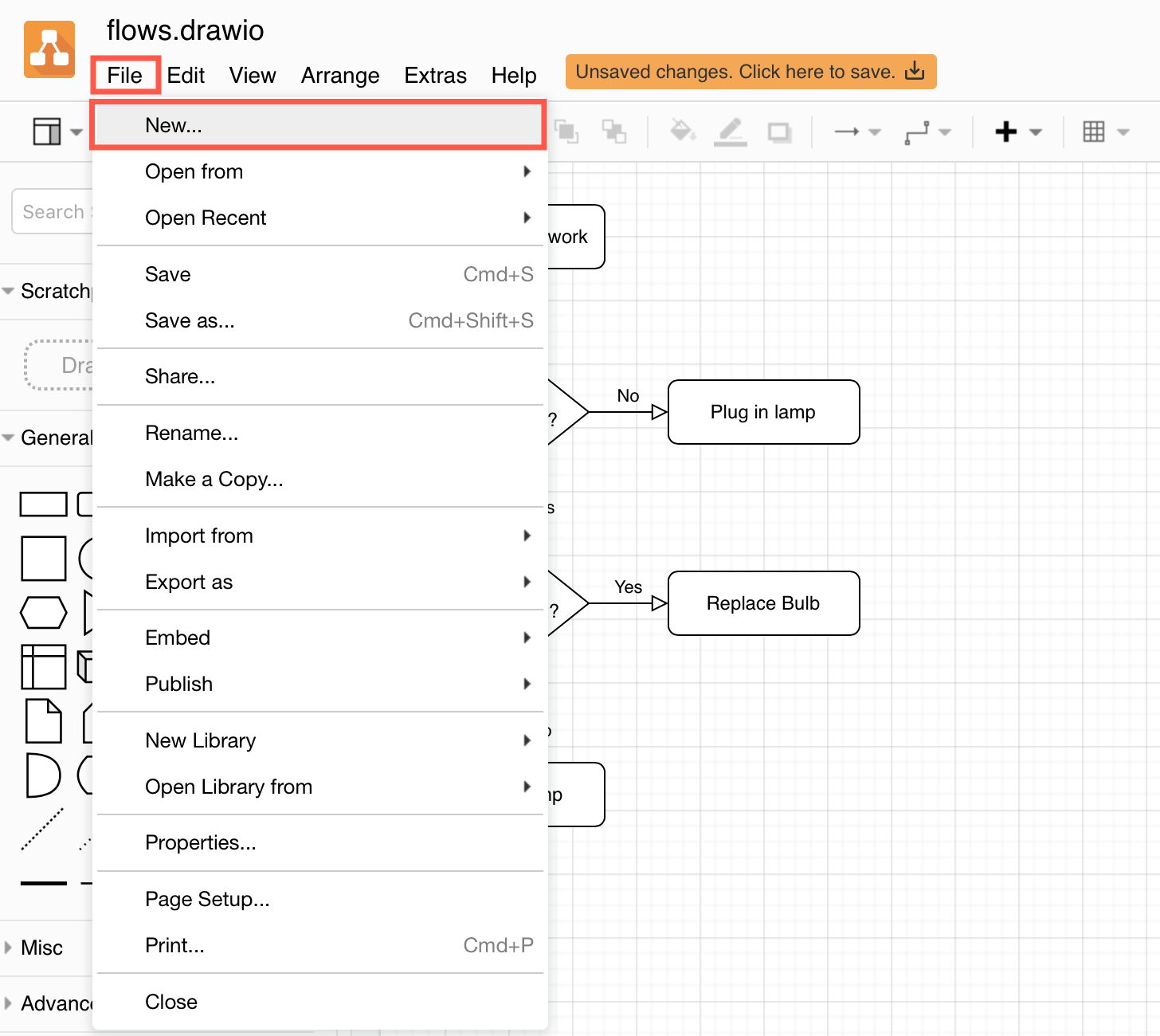 Select File > New within the draw.io editor to create a new diagram