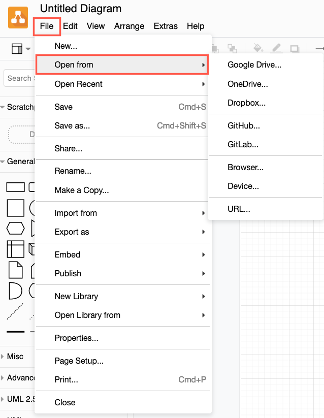 Select File > Open From in the draw.io editor, then select the location where your diagram file is saved