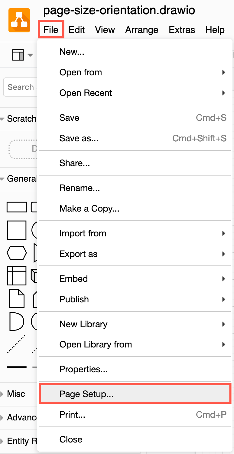 Select File > Page Setup to change paper size, orientation and more