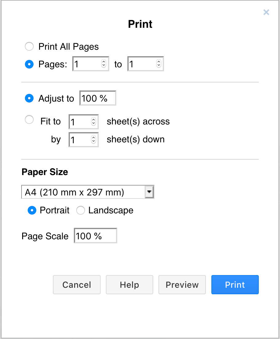 Click File > Print to open the print options dialog in draw.io