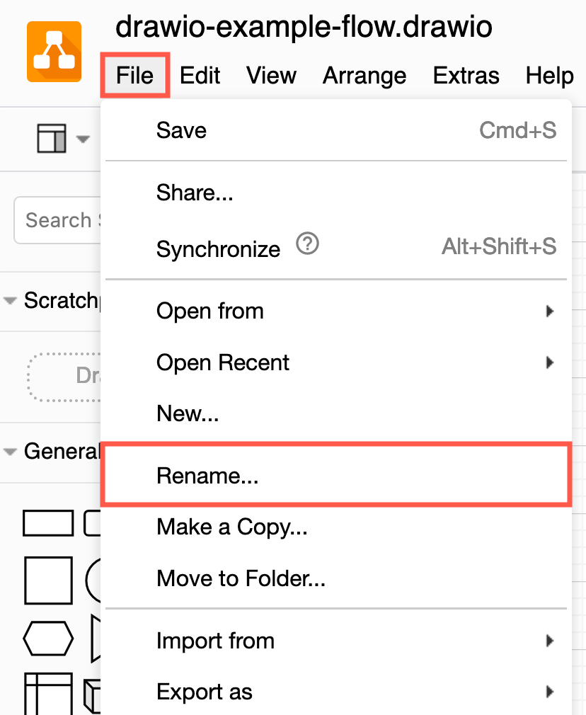 Select File > Rename from the menu to rename a diagram file in Google Drive