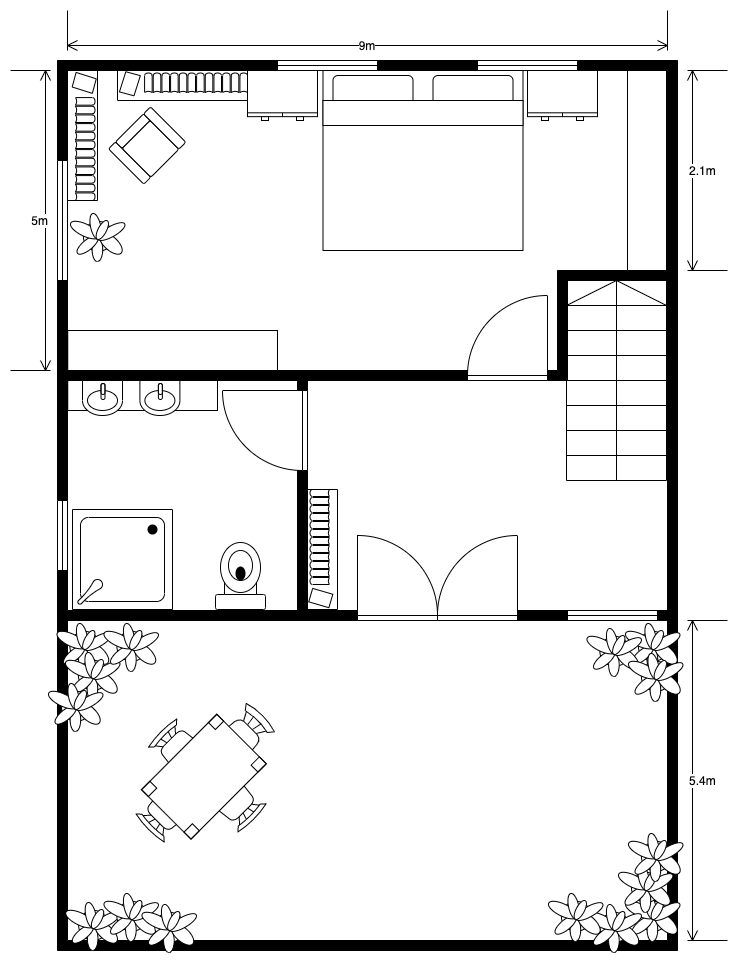 The second floor of an apartment floorplan created in draw.io