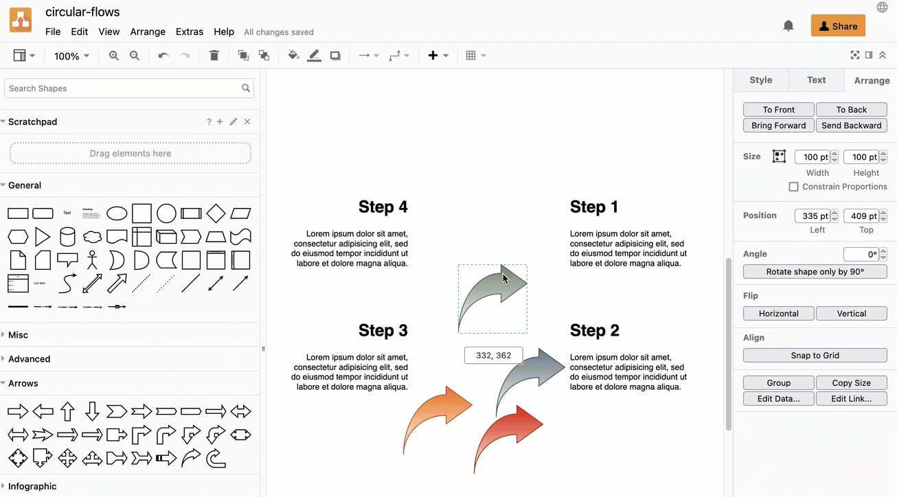 Create your own circular flowchart from the various arrow shapes and text labels in the draw.io shape libraries