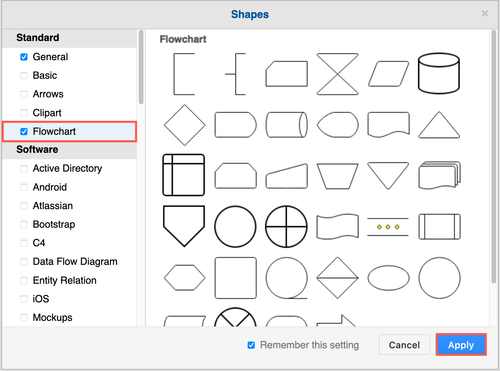 Enable the Flowchart shape library for a wider range of shapes commonly used in flowcharts and process diagrams