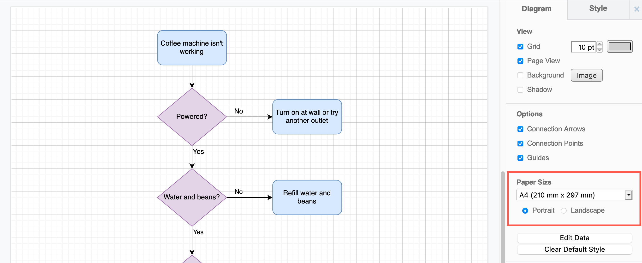 Change the page size and orientation in the format panel when nothing in your diagram is selected