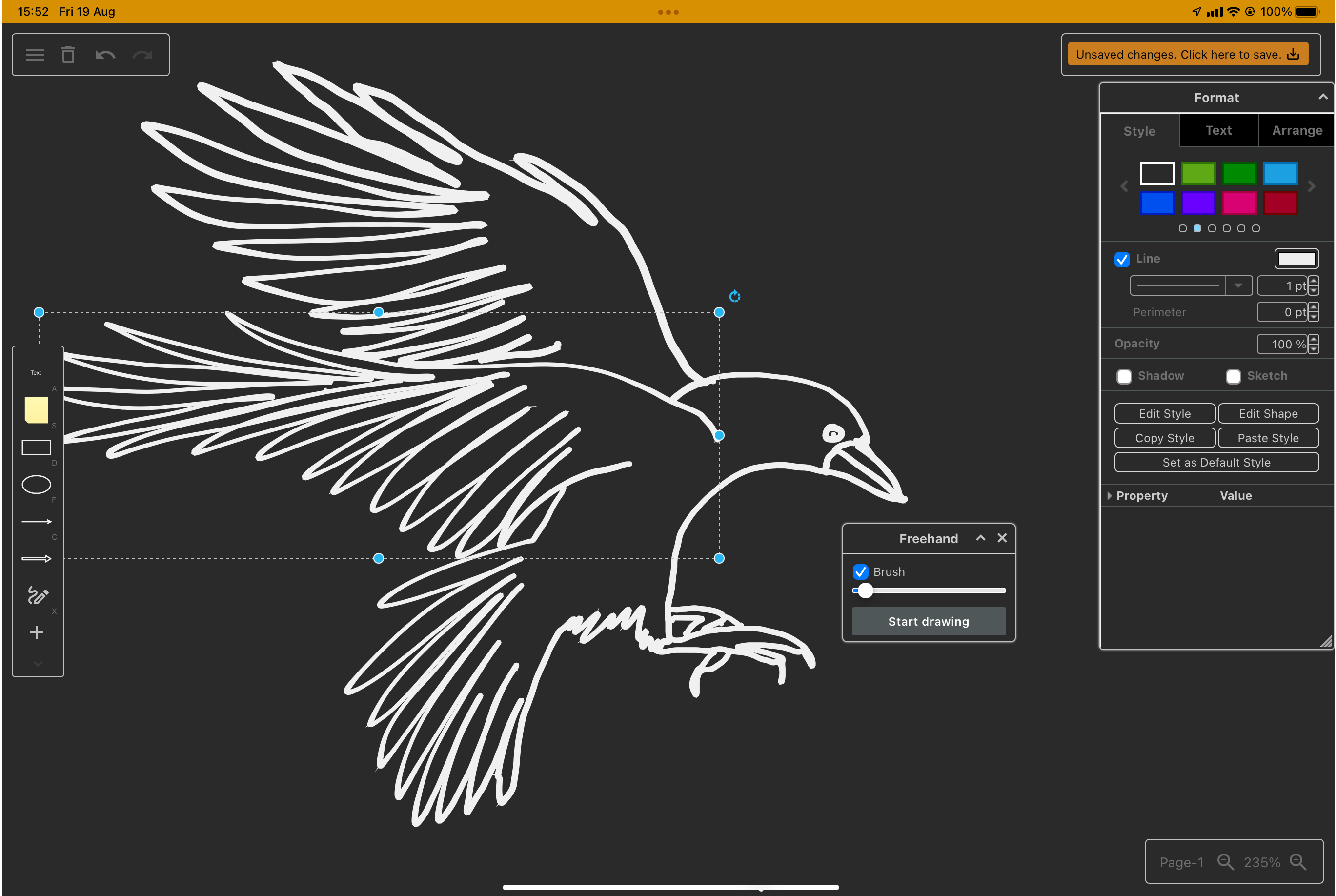 Freehand drawing in draw.io on a tablet - click the freehand tool in the toolbar on the left