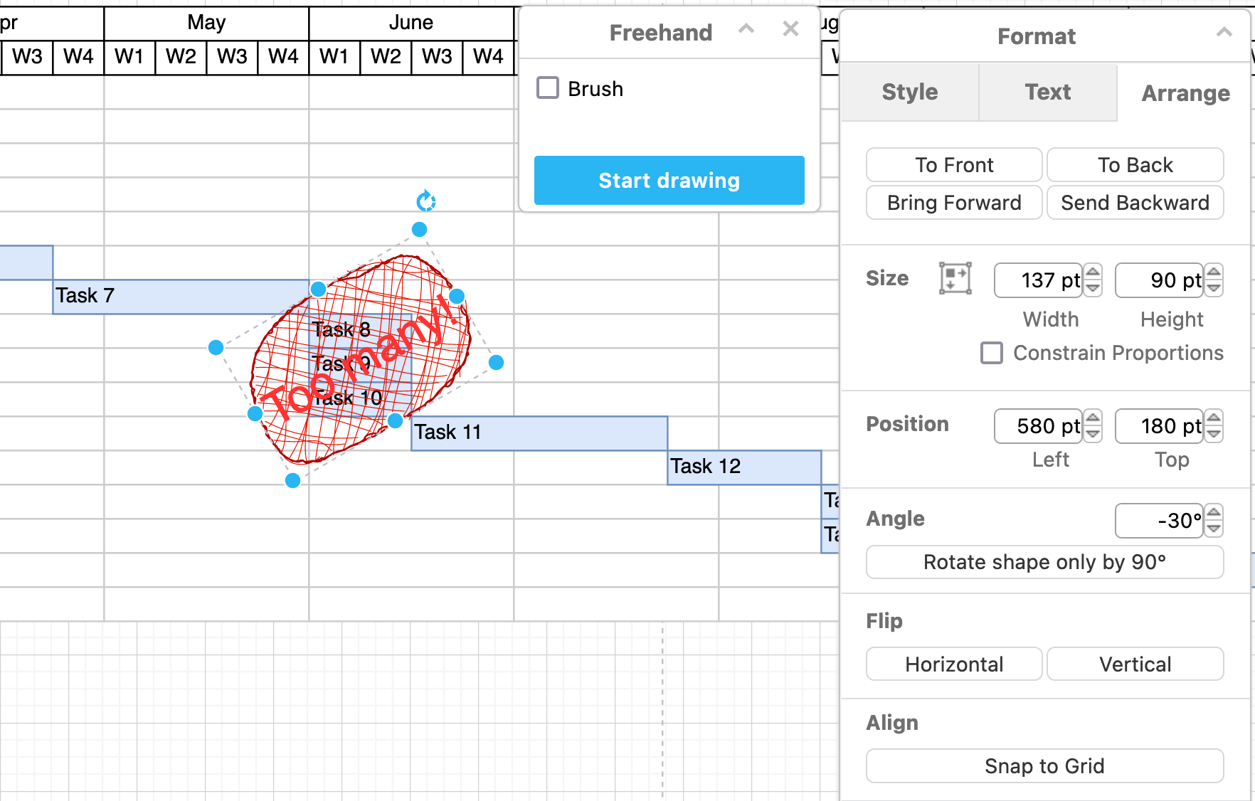 Use the Arrange tab in the format panel to resize, rotate, and reposition the freehand shape