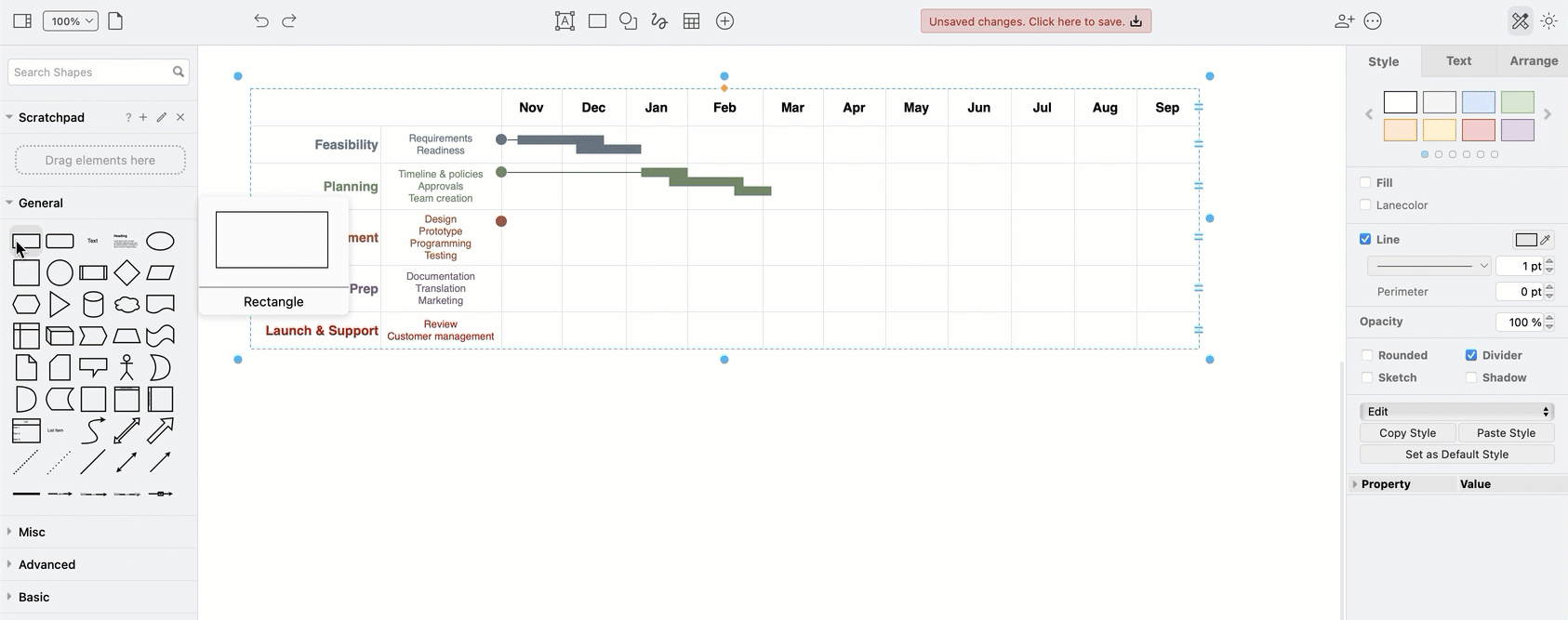 Drag and drop rectangles onto your Gantt chart table in draw.io