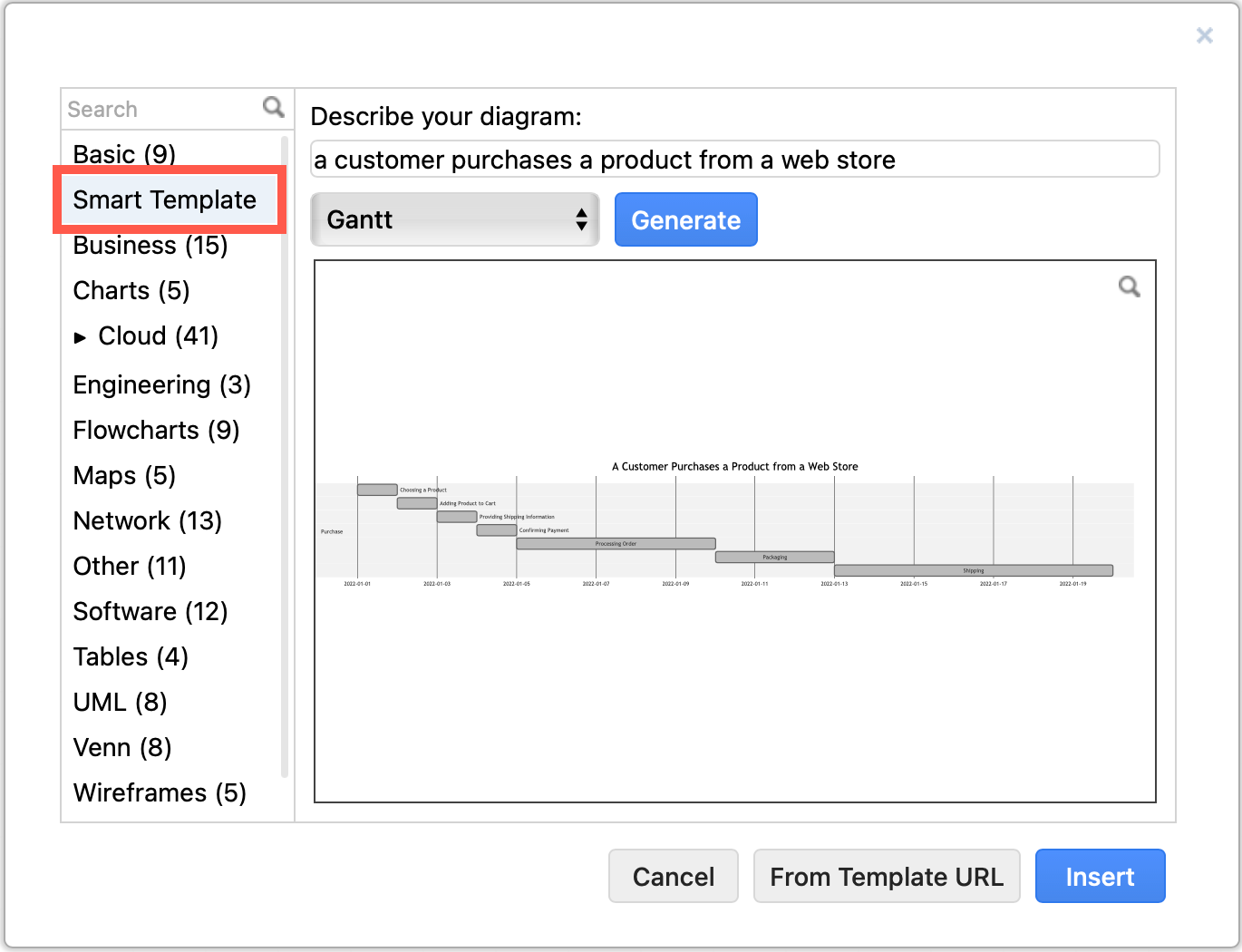 Generate a Gantt chart from a text description via the template library in draw.io