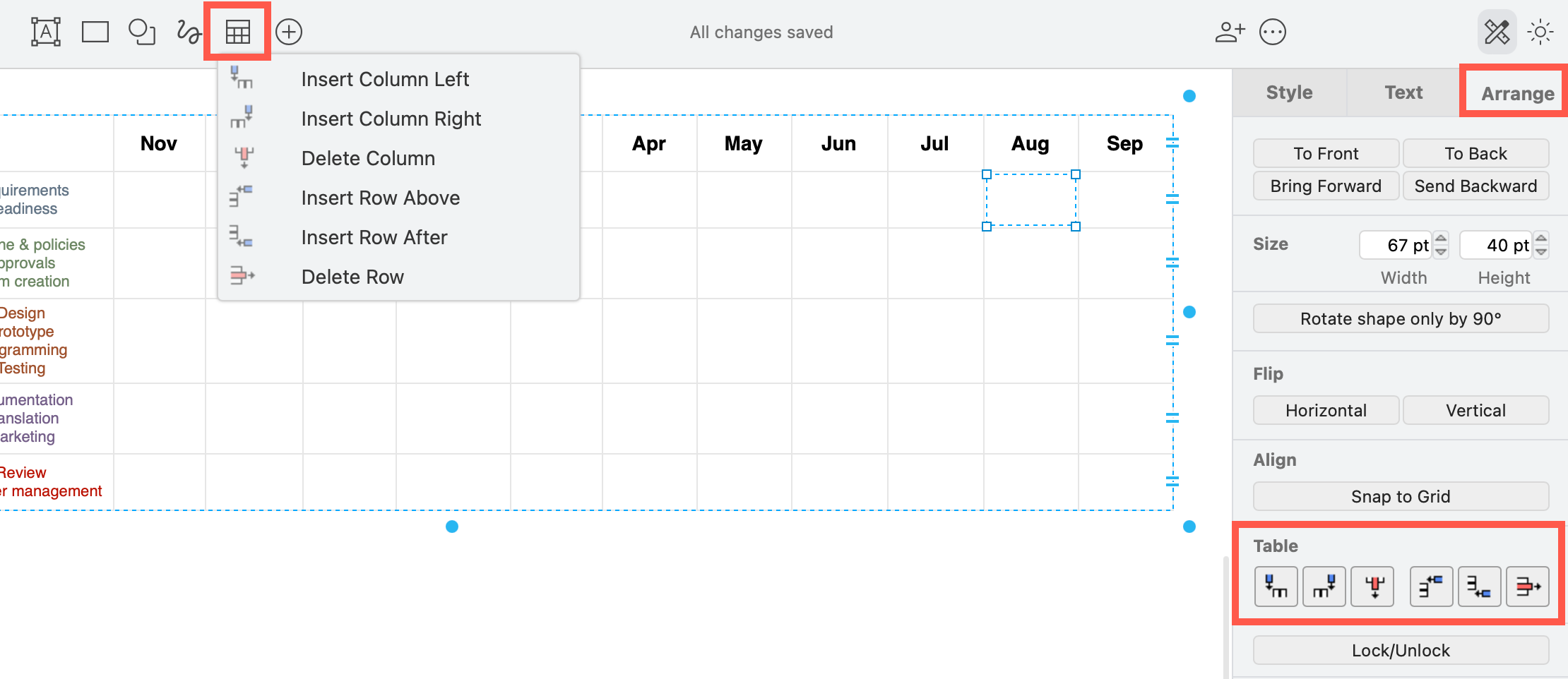 Use the table tools to add or remove rows and columns in your Gantt chart