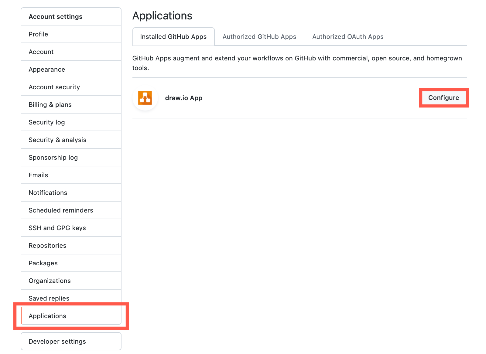 Go to the Application settings in your GitHub profile, and click Configure next to draw.io App to add or remove repository access