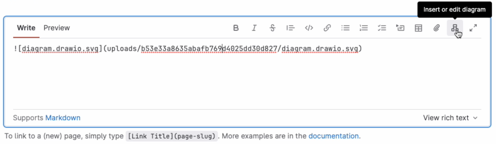 Make sure the cursor is in the Markdown reference to the diagram file then edit the diagram in the GitLab Markdown editor