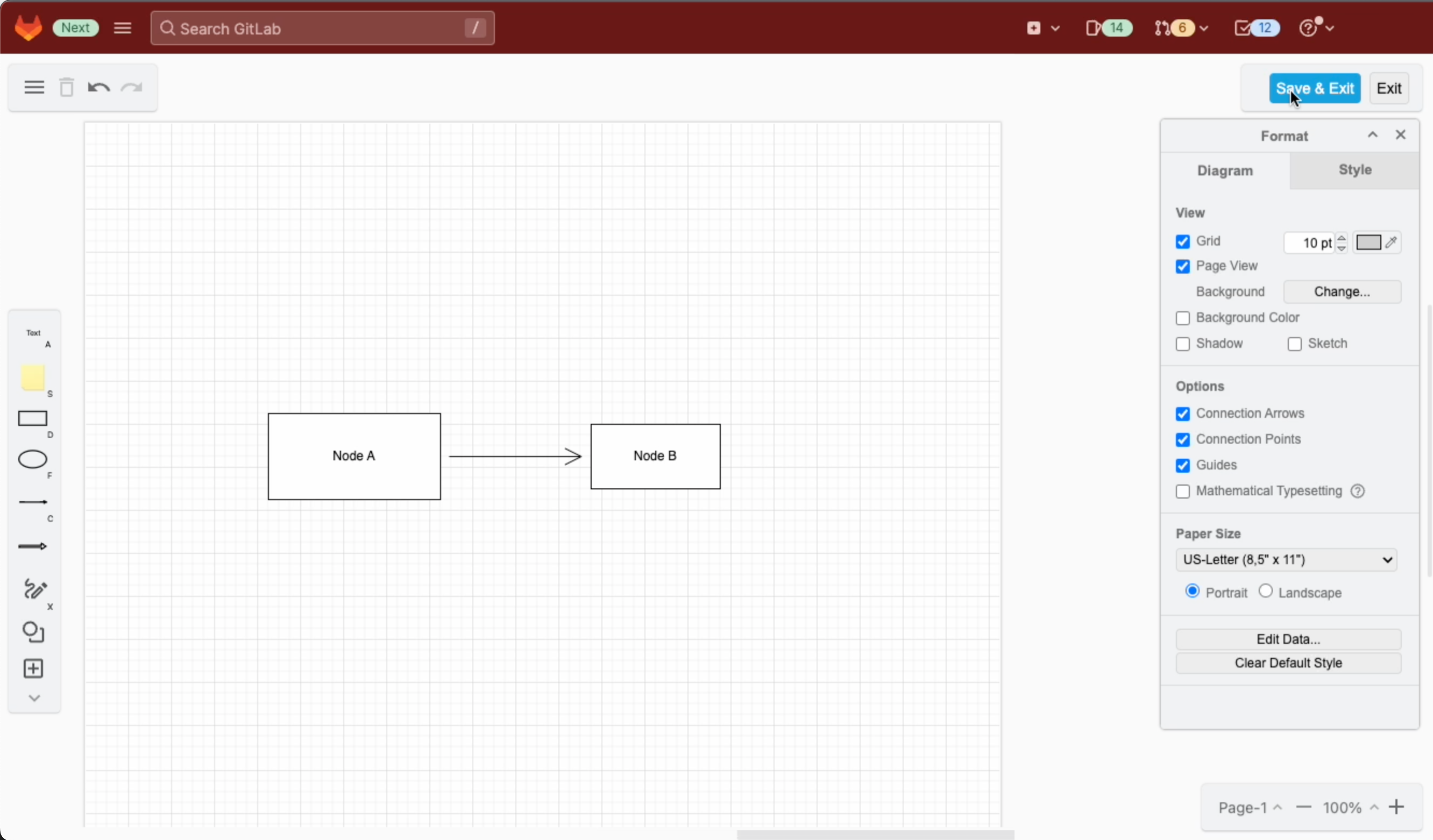 Create your diagram in the Sketch whiteboard-like editor, and save it to return to the GitLab Markdown editor