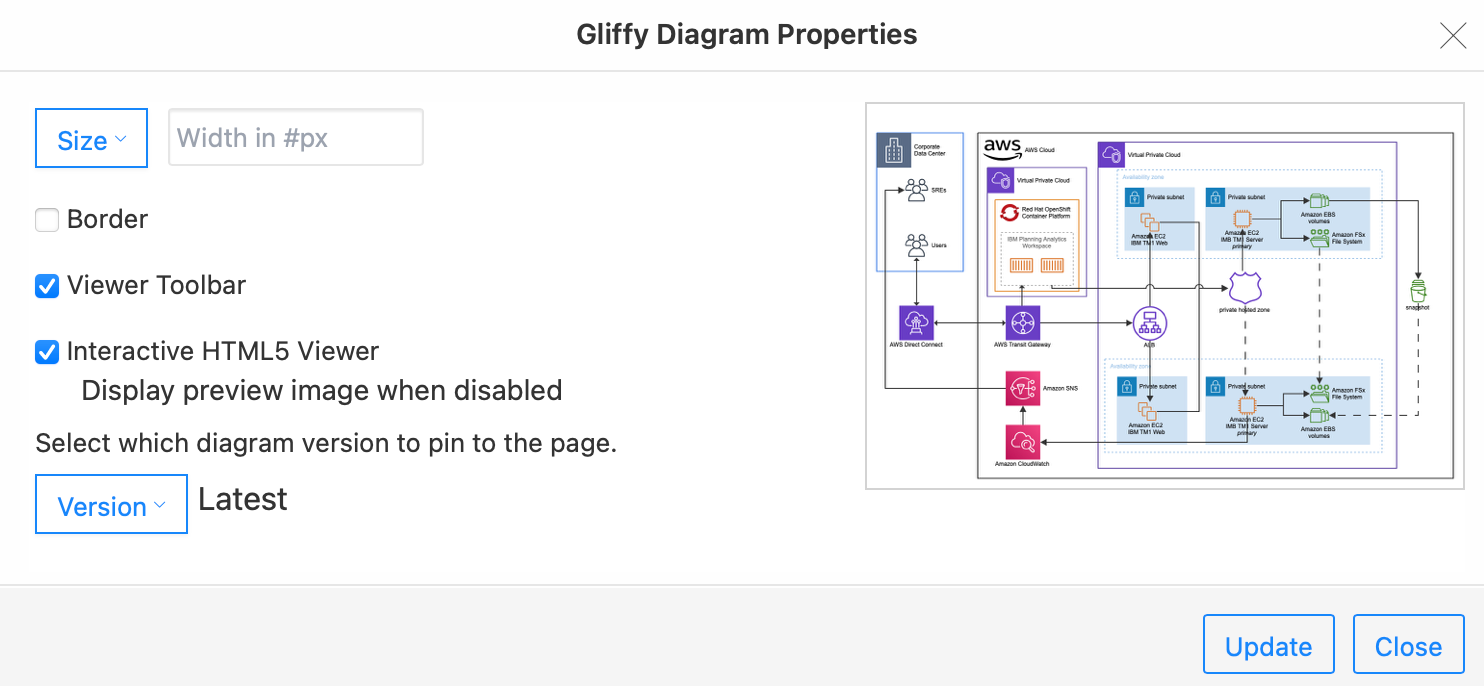 Change how the Gliffy diagram is displayed on the Confluence page from within the Gliffy editor via the menu: Properties > Edit Properties