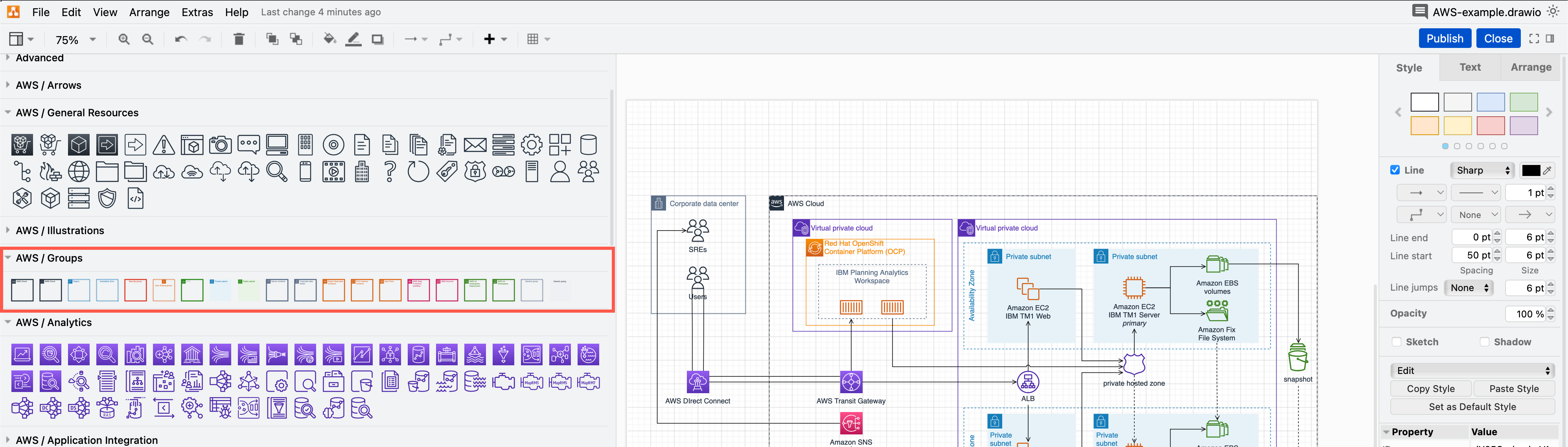 Resize the left panel to see more of the AWS shape libraries, and use the convenient AWS group shapes for regions in your infrastructure