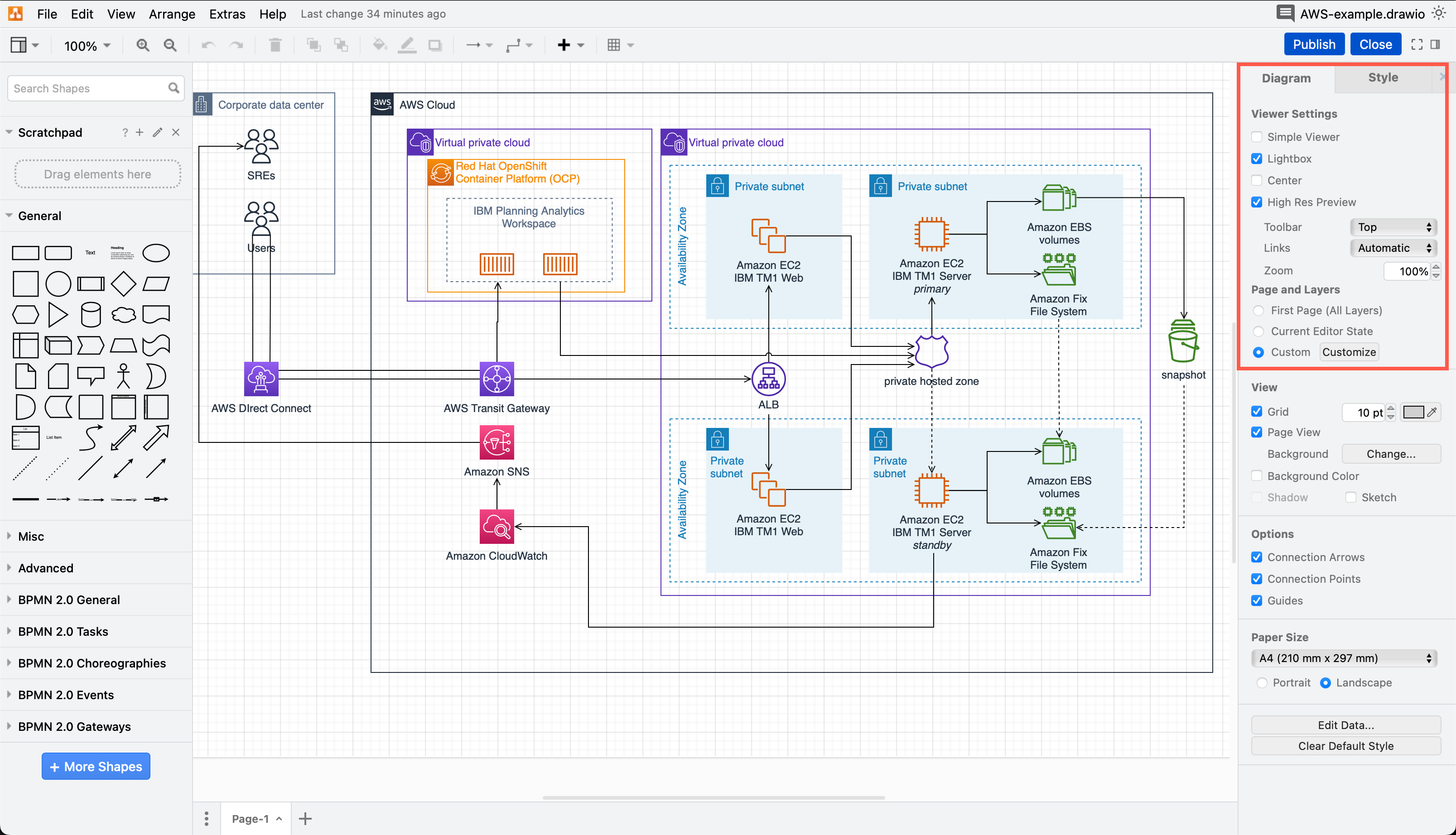 Make sure nothing in your draw.io diagram is selected to see the display options to set which diagram page and layers will be displayed in the Confluence page and how it should appear