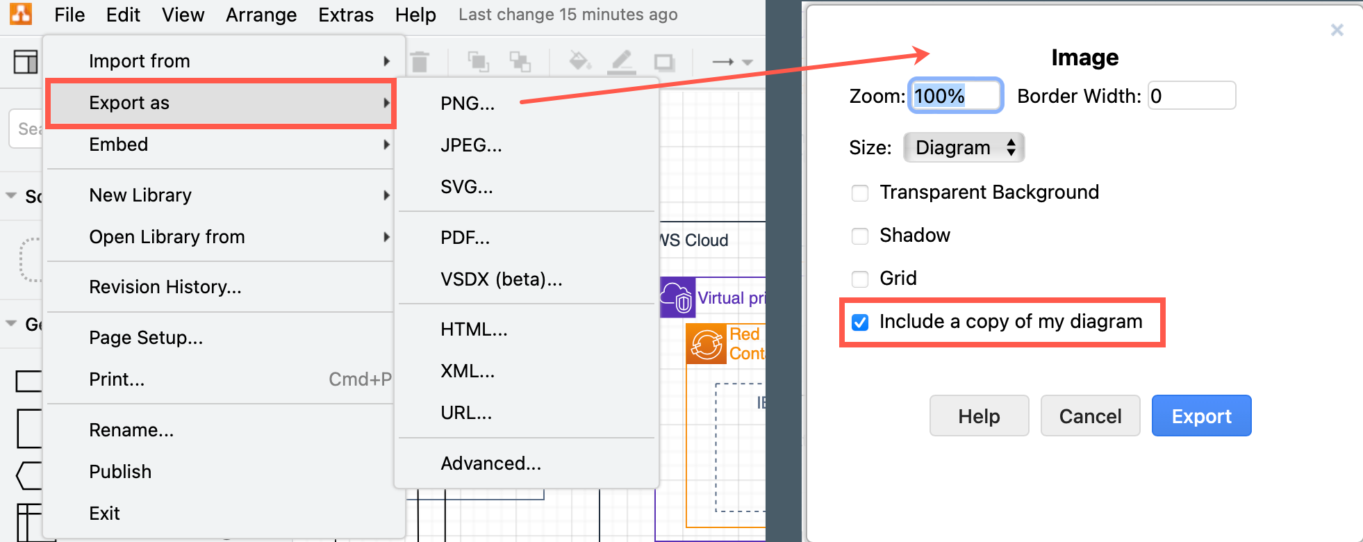 draw.io can export diagrams to many formats, and embed the diagram data inside PNG, SVG and PDF files