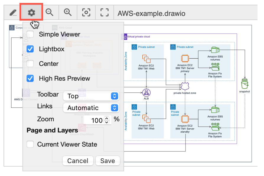 You can also change the draw.io diagram viewer settings when you are looking at a Confluence page with a diagram