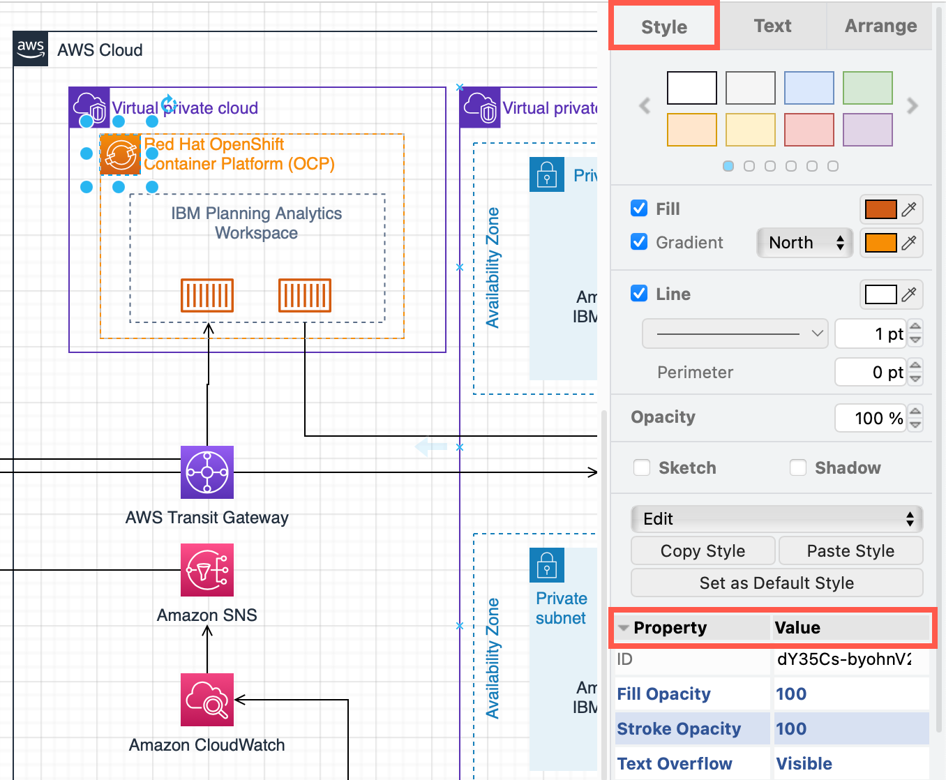 Use the style tab of the format panel in draw.io, and expand the shape properties to style and customise shapes