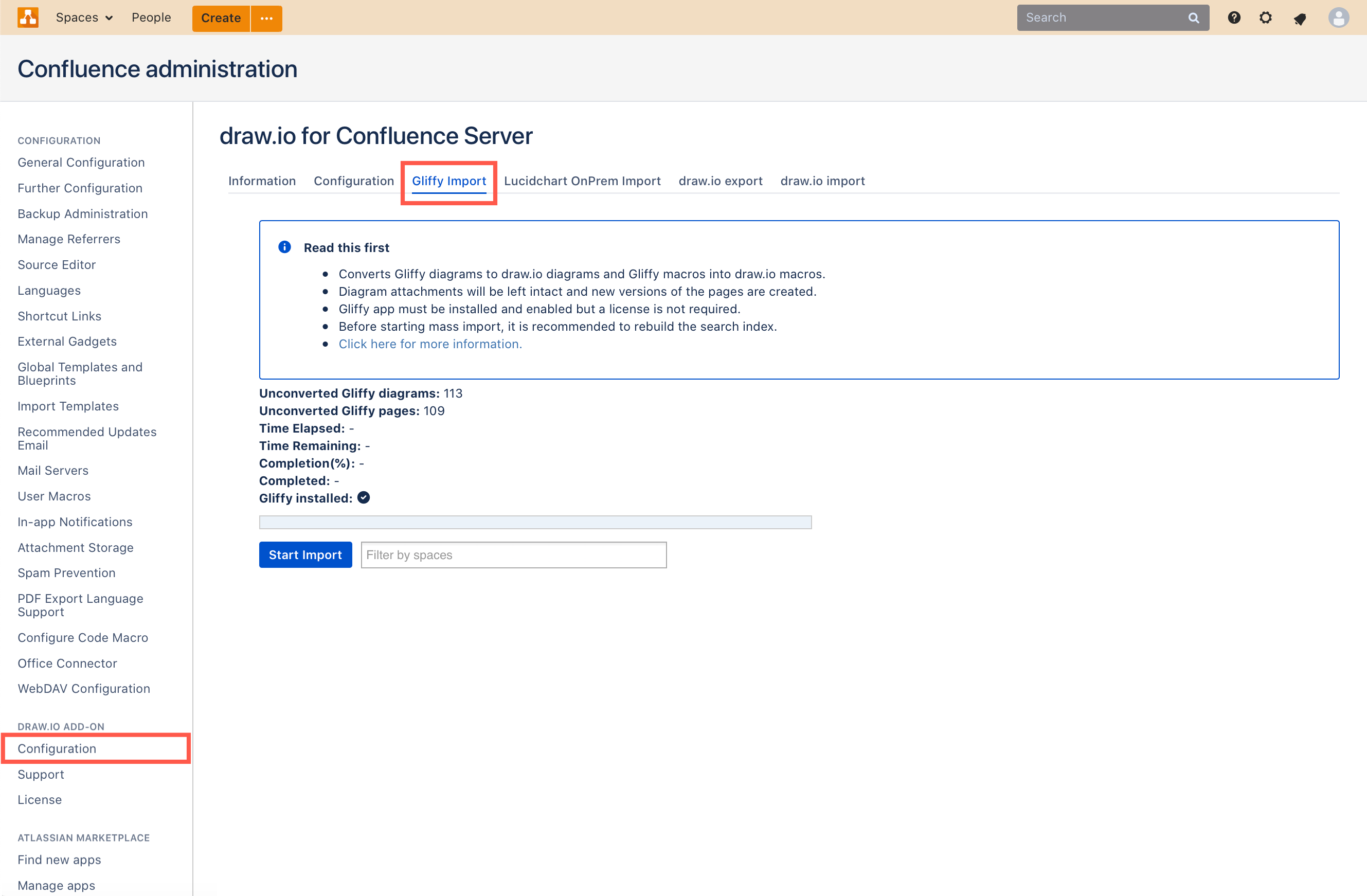 Go to the Gliffy Import tab in the draw.io add-on configuration in Confluence server to convert all of your diagrams at once