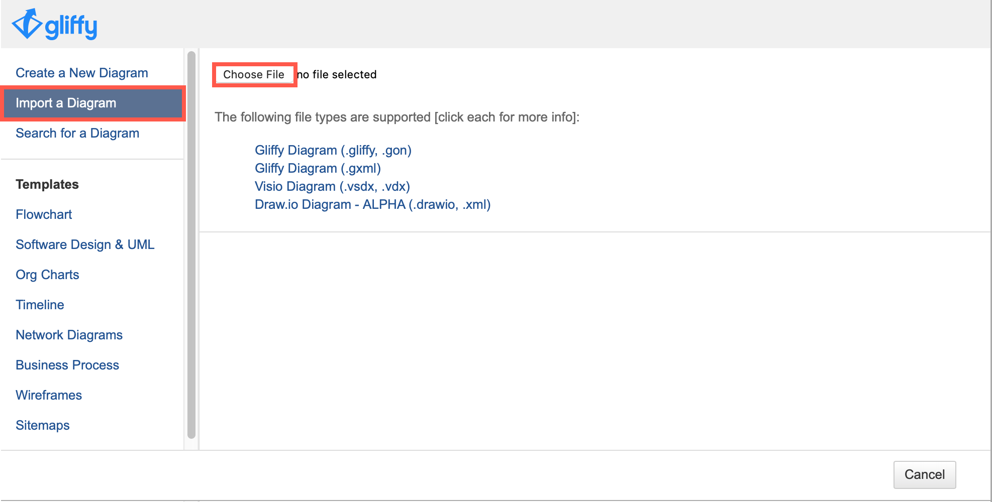 Add a new Gliffy diagram to a Confluence page to import a diagram file from another format