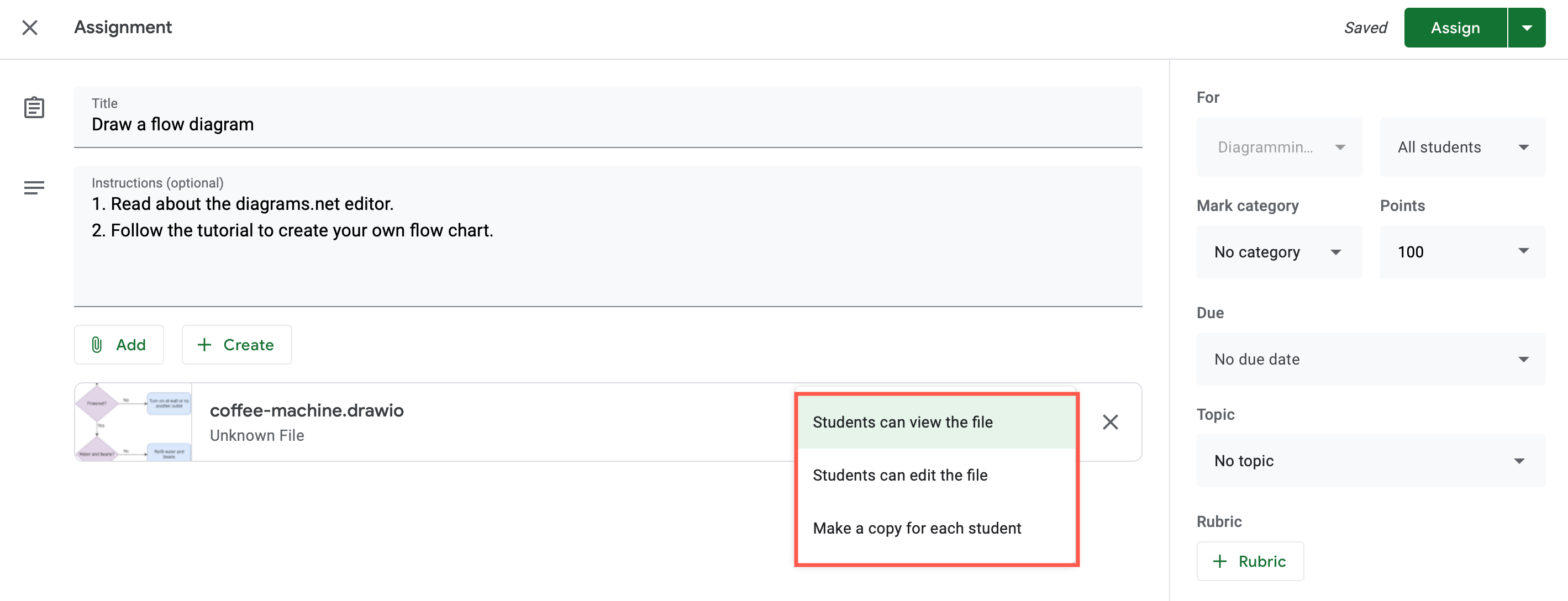 Select whether students can view or edit the diagram file, or if they automatically get their own copy in their Google Drives on diagrams attached to assignments in Google Classroom