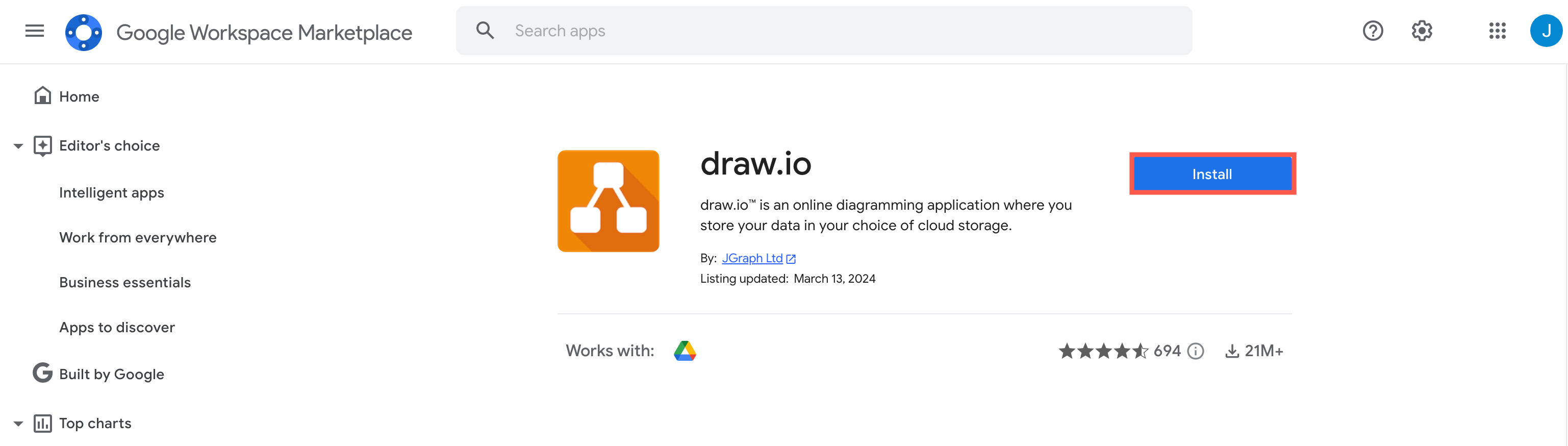 Install the draw.io app for Google Drive via the Google Workspace Marketplace