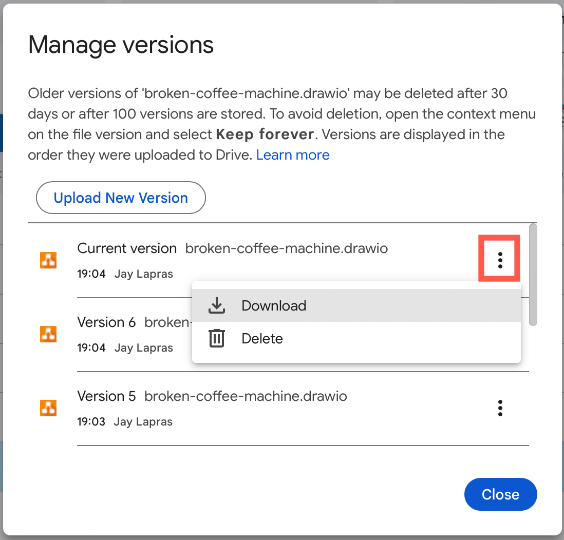 Zoom and pan around the preview of an earlier version of your diagram in the revision history dialog